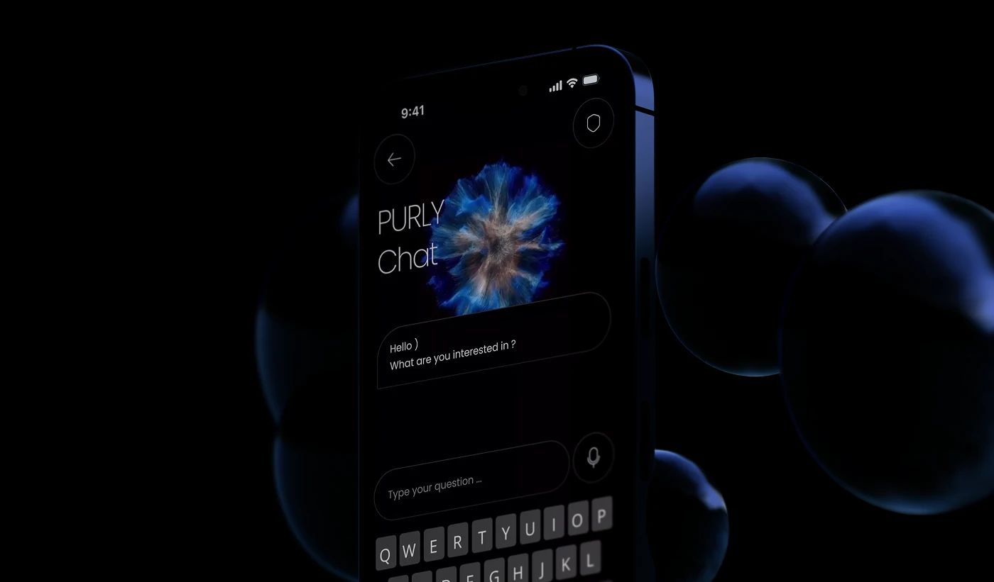 Dark phone render of an AI chat screen with the keyboard open